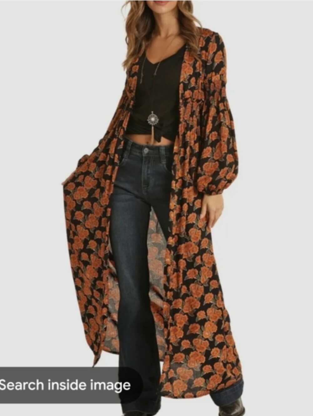 Rock & Roll Cowgirl Boho Orange Floral Long Duster M Gypsy Festival